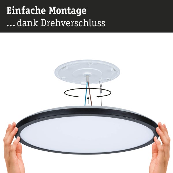 Einfache Montage einer runden LED-Deckenleuchte durch einen Drehverschluss.
