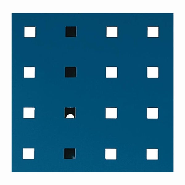 Blaue Lochwand aus Metall mit quadratischer Lochung zur Werkzeugaufbewahrung.