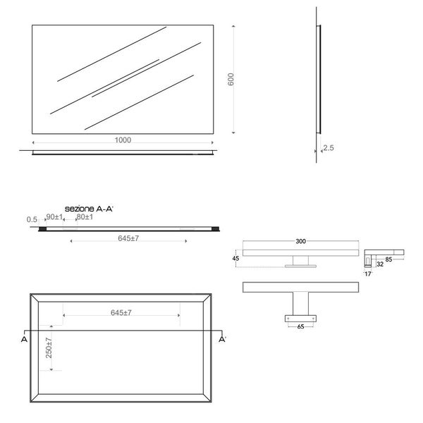 Technische Zeichnung eines rechteckigen Spiegels mit Maßangaben.
