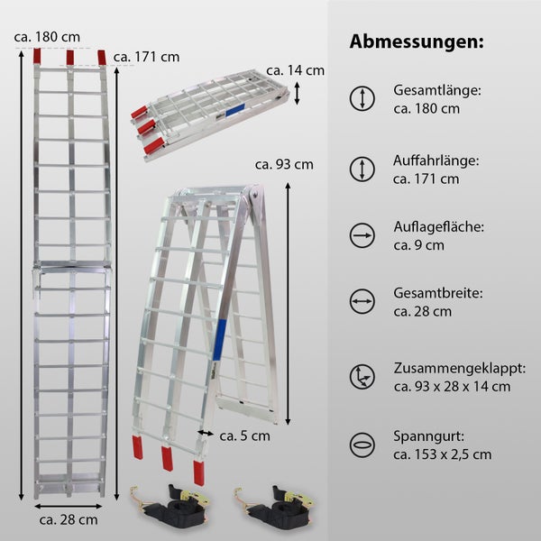 TRUTZHOLM 2 x Auffahrrampe klappbar 180 cm Traglast 680 kg Alu grau geriffelte Einzelstäbe Verladerampe