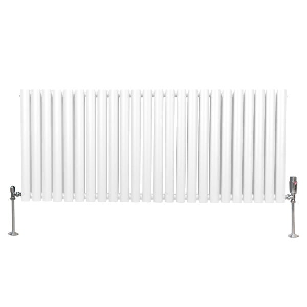 Oval Röhrenheizkörper & Chrom Thermostatventile – 600mm x 1440mm - Weiß