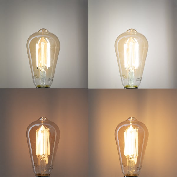 Eine LED-Filament-Lampe in ST64-Form zeigt vier verschiedene Farbtemperaturen von Kaltweiß bis Warmweiß.
