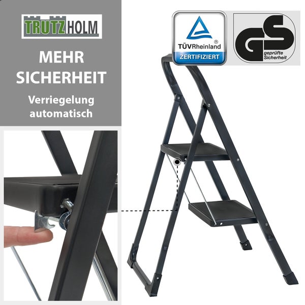 Trutzholm Haushaltsleiter mit automatischer Verriegelung, TÜV Rheinland zertifiziert und GS Zeichen für geprüfte Sicherheit.