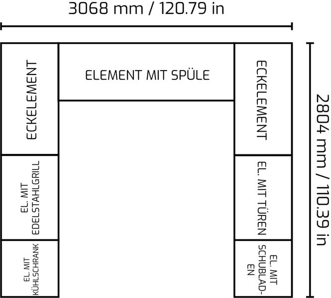 Küchenplanungsskizze mit Eckelement, Spülenelement, Kühlschrankelement, Edelstahlelement, Türelement und Schubladenelement mit den Maßen 3068 mm Breite und 2804 mm Höhe