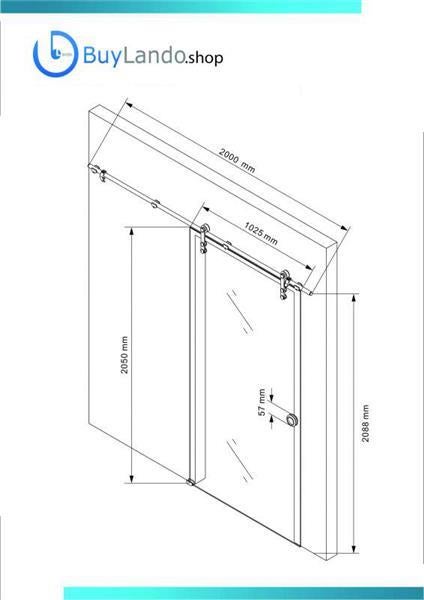 BuyLando.shop Logo. Maßzeichnung einer Glasschiebetür mit den Maßen 1025 mal 2050 Millimeter und einer 2000 Millimeter langen Schiene.