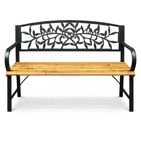 Gartenbank mit schwarzem Metallgestell, ornamentaler Rückenlehne mit Blattmotiv und Sitzfläche aus Holzlatten