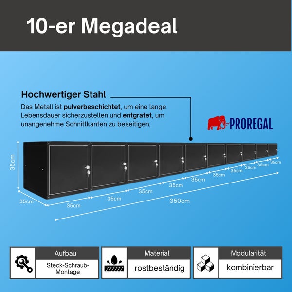 Set aus zehn Schließfächern von ProRegal, pulverbeschichteter Stahl, 350 mal 35 mal 35 Zentimeter, rostbeständig und modular, ProRegal Logo.