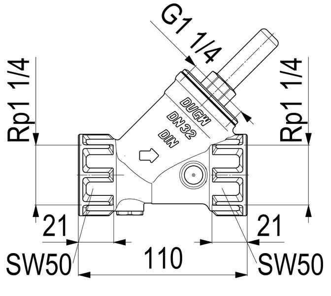 Technische Zeichnung eines Schrägsitzventils DN 32 mit DVGW-Zulassung, Anschlussmaß Rp 1 1/4 Zoll, Baulänge 110 Millimeter, Schlüsselweite 50.