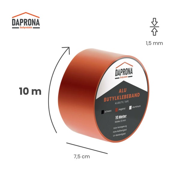 Daprona Alu Butylklebeband, 10 Meter lang, 7,5 Zentimeter breit, 1,5 Millimeter dick, ziegelrot.