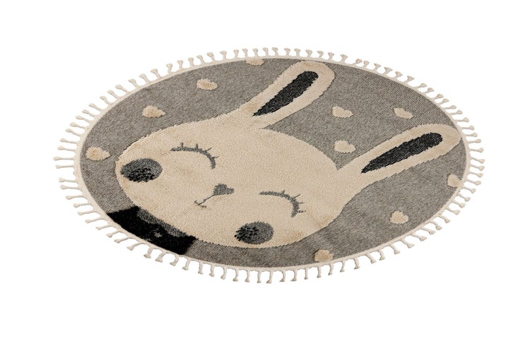 Runder Kinderteppich mit Hasenmotiv und Fransenbesatz am Rand