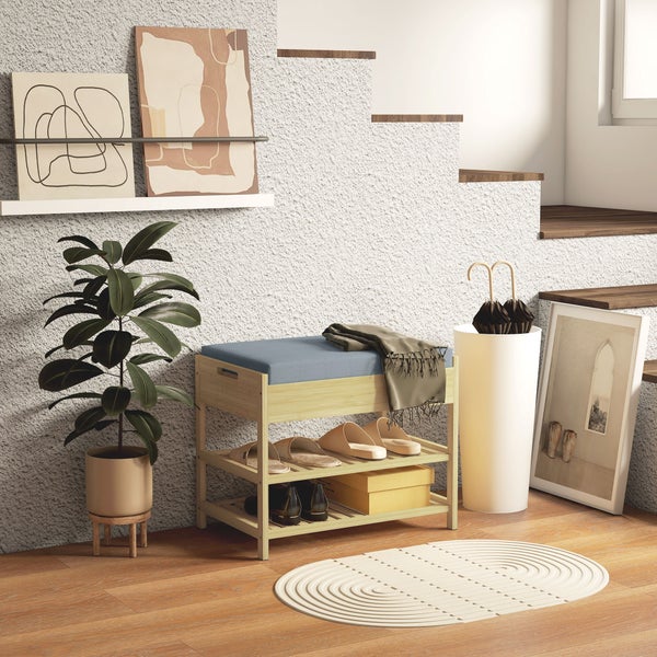 HOMCOM Schuhbank mit 2 Etagen, Sitzbank mit Schublade, Schuhregal, Garderobenbank für 4 Paar Schuhe, für Diele, Flur, Bambus, Natur, 55 x 35 x 46 cm