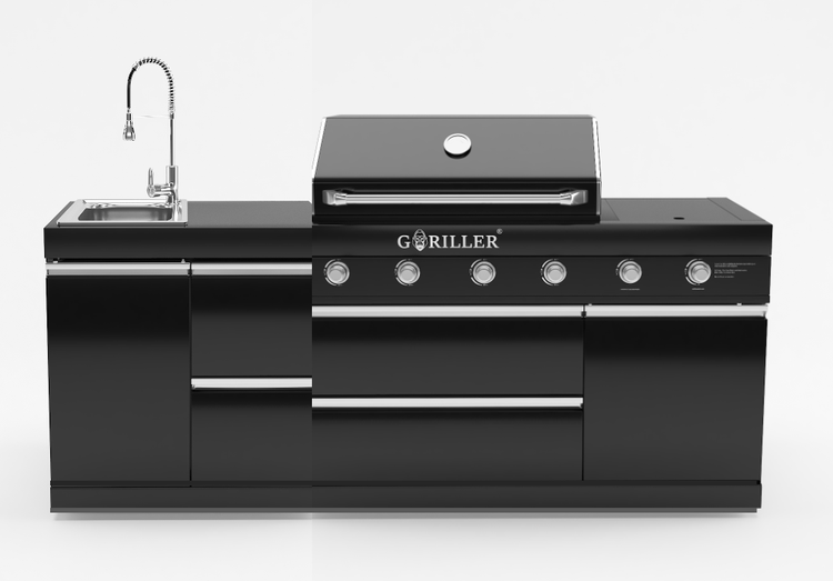 GORILLER® BLACKBACK S8 Outdoor-Küche, Gasgrill mit Waschbecken, Edelstahl, Schwarz