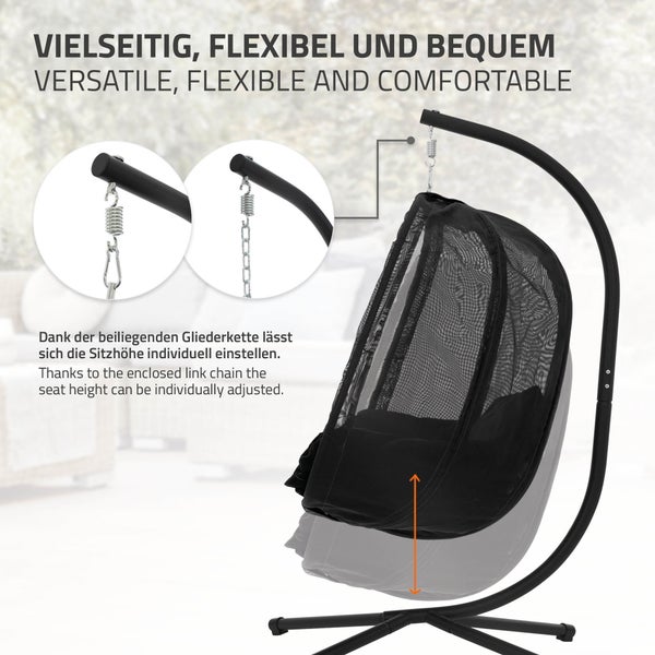 ML-Design Hängesessel mit Gestell und Sitzkissen, Schwarz, H177 cm, X-förmige Basis, Indoor & Outdoor, Hängesesselgestell mit Hängestuhl, Hängekorb Gestell aus Stahl, Hängeschaukel für Garten & Balkon