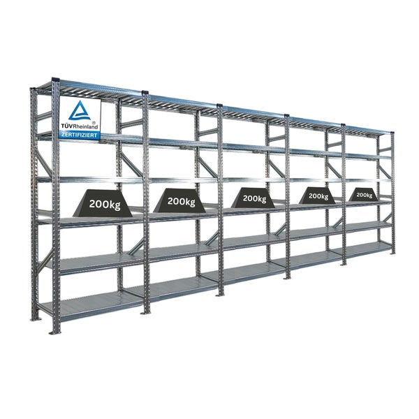 Metallregal mit fünf Ebenen und 200 kg Gewichten auf jeder Ebene, TÜV Rheinland zertifiziert