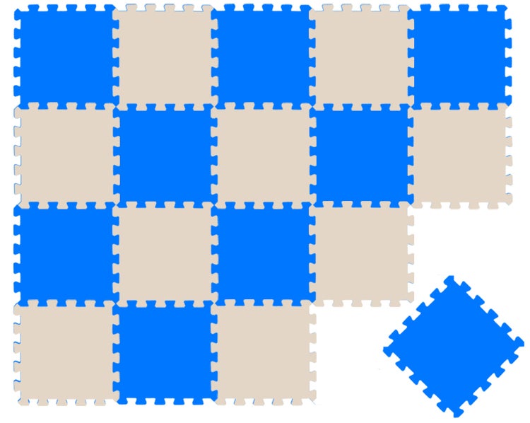 Ineinandergreifende Bodenschutzmatten aus Schaumstoff im Schachbrettmuster, blau und beige.