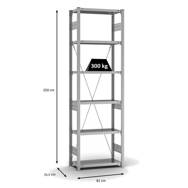 PROREGAL Fachbodenregal Stecksystem T-Profil Heavy-Duty Grundregal HxBxT 250 x 75 x 30 cm 6 Ebenen Fachlast 300 kg Einseitig Nutzbar Verzinkt