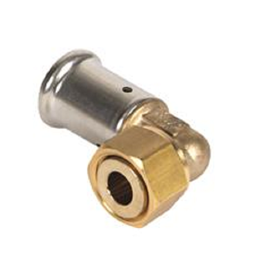 Press-Winkelverschraubung aus Messing und Edelstahl mit 90 Grad Bogen für Rohrverbindungen