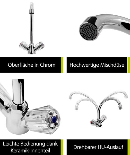 aquaSu® Zweigriffmischer Standard Plus für Küchenspüle | Schwenkbarer HU-Auslauf | Höhe 26 cm | Auslaufhöhe 21,3 | Chrom | Wasserhahn Küche mit Befestigungsmaterial | Spüle | 062893