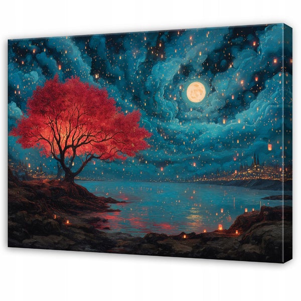 Leinwandbild mit einer Landschaftsdarstellung, ein Baum am Seeufer bei Vollmond und schwebenden Himmelslaternen in einem impressionistischen Stil.