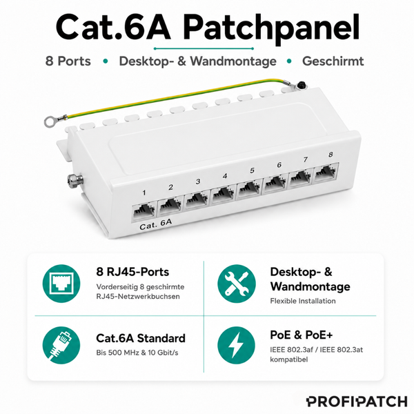 Kategorie 6A Patchpanel mit 8 geschirmten Netzwerkbuchsen für Tisch- und Wandmontage, Power over Ethernet kompatibel, PROFIPATCH Logo.