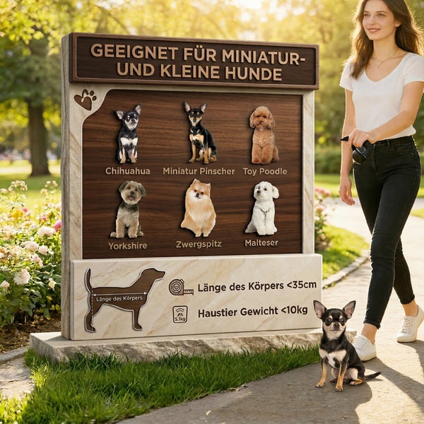 Infotafel für kleine Hunde unter 10 Kilogramm und 35 Zentimeter Länge mit Rassebeispielen neben einer Frau, die ihren Hund im Park ausführt.