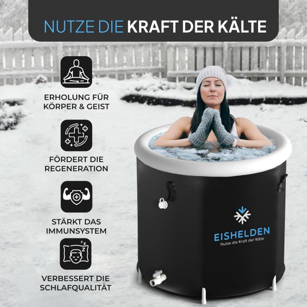 Tragbares Eisbad von Eishelden im Schnee mit einer Frau. Symbole für Erholung, Regeneration, Immunsystem und Schlafqualität. Eishelden Logo.