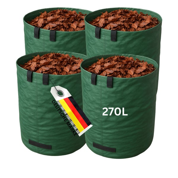 Vier grüne Gartenabfallsäcke mit 270 Liter Fassungsvermögen, gefüllt mit Laub, mit Tragegriffen und Hinweis auf eine deutsche Marke.