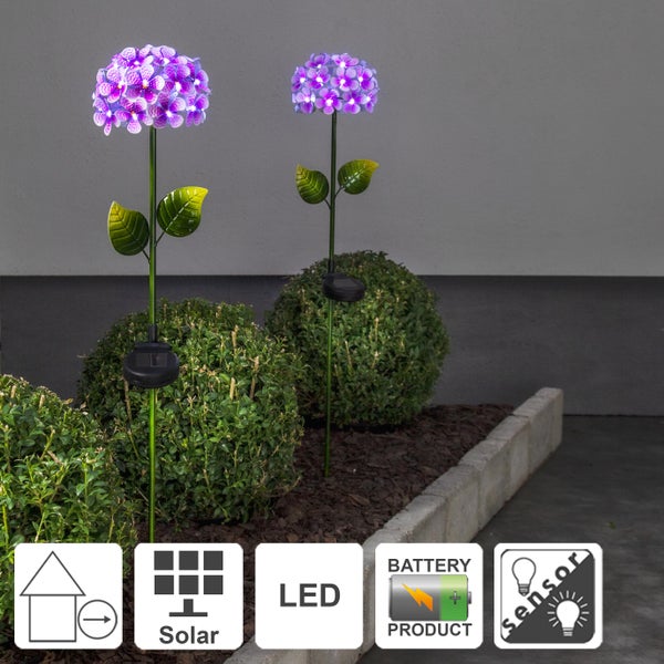 Zwei Solarleuchten in Form von Hortensien, ideal für den Garten.