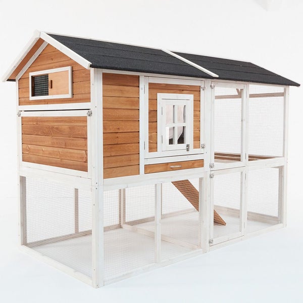Kleintierstall aus Holz mit Freilaufgehege, zwei Ebenen, Rampe und wetterfestem Dach.