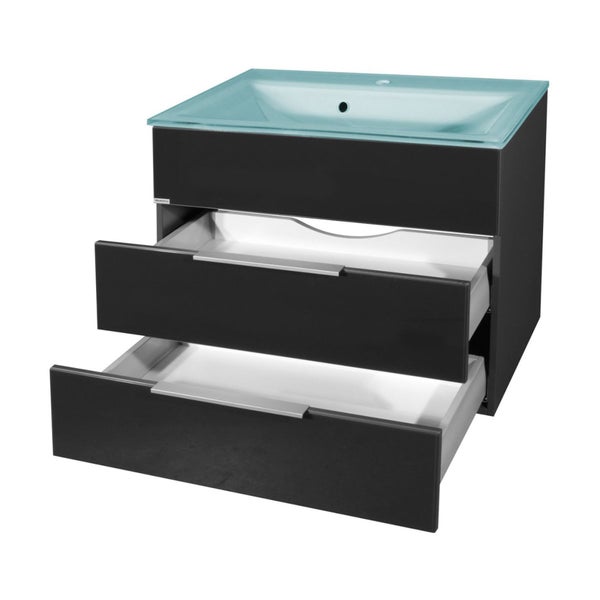 FACKELMANN KARA Badmöbel Set 2 Teile / Glas Waschbecken / Waschbeckenunterschrank mit 2 Schubladen / hochwertiger Badschrank mit Soft-Close / Korpus: Schwarz / Front: Schwarz / Breite: 80 cm
