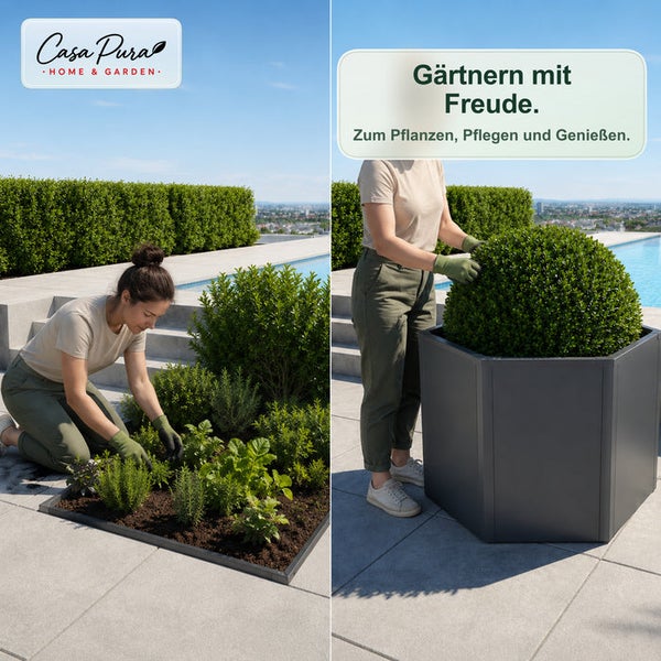 Casa Pura Hochbeet-Rahmen und sechseckiger Pflanzkübel auf einer Terrasse mit Pool beim Gärtnern.