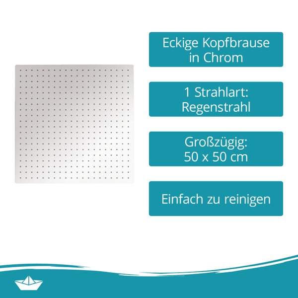 Calmwaters® Kopfbrause Chrom, eckig, 50 x 50 cm Sprayplatte, mit Kugelgelenk, Antikalk-Noppen, Standard-Gewinde: 1/2, Wellness-Regendusche, 18DP6193