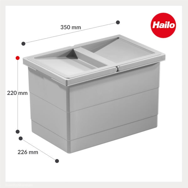 Hailo Logo. Abfalleimer aus Kunststoff mit den Maßen 350 Millimeter mal 226 Millimeter mal 220 Millimeter.