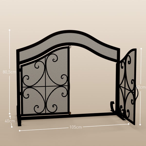 HOMCOM Kaminschutzgitter, Kamingitter mit magnetischen Türen, Ofenschutzgitter, Funkenschutzgitter für Wohnzimmer, Stahl, 105 x 80,5 cm, Schwarz