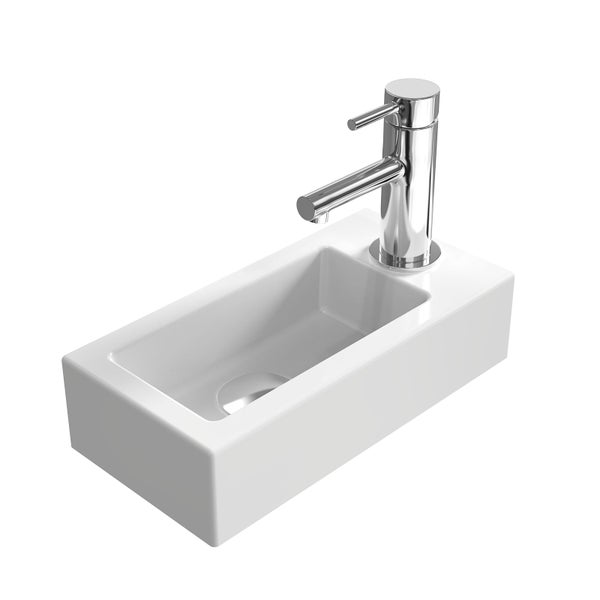 EMKE Waschbecken Reckiger Waschbecken Keramik Waschbecken Waschtisch Hängewaschbecken, 36,5×9×18 cm, Hahnloch Rechts Weiß Glänzend