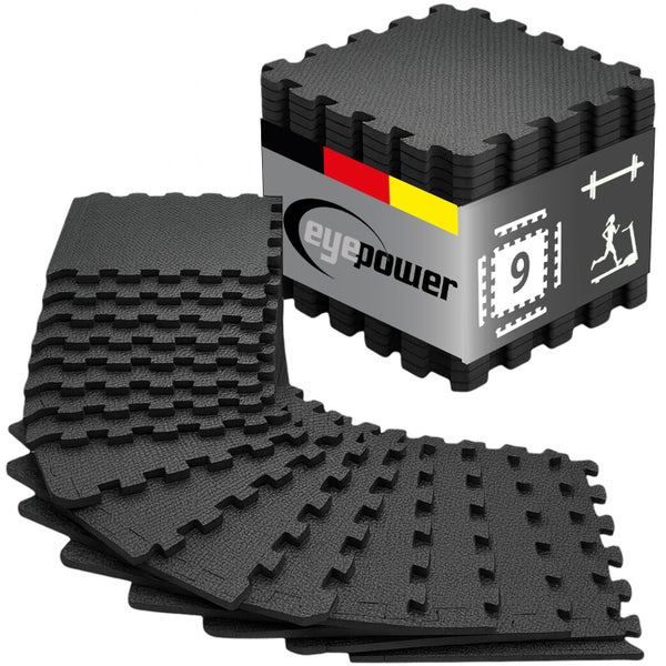 Set aus 9 ineinandergreifenden Fitnessmatten aus Schaumstoff von eyepower, geeignet für Kraftsport und Fitnessgeräte.