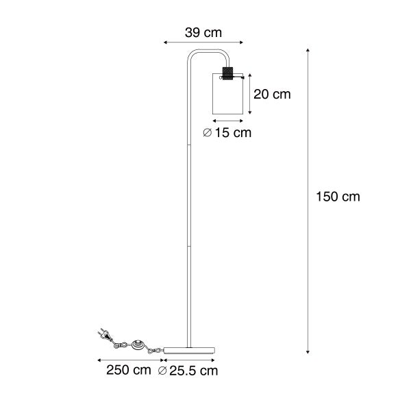 Skizze einer Stehlampe mit den Maßen 150 cm Höhe, 39 cm Ausladung, Schirm 20 cm Höhe und 15 cm Durchmesser, Fuß 25,5 cm Durchmesser und 250 cm Kabellänge
