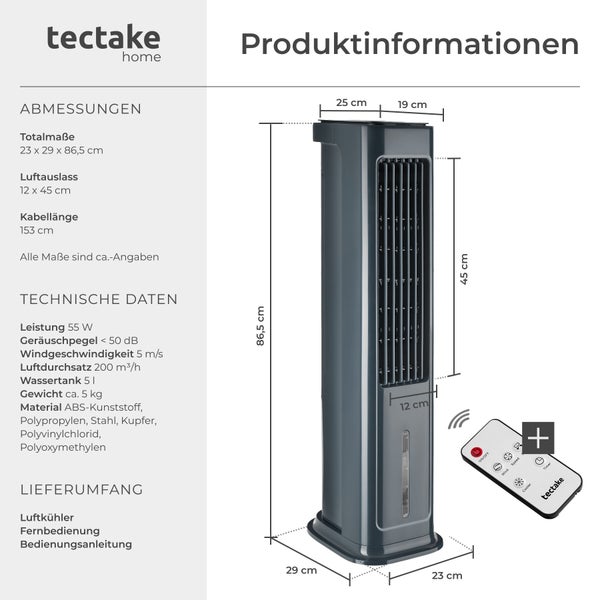 tectake Luftkühler Produktinformationen: Abmessungen 23 mal 29 mal 86,5 Zentimeter, Leistung 55 Watt und Lieferumfang mit Fernbedienung.