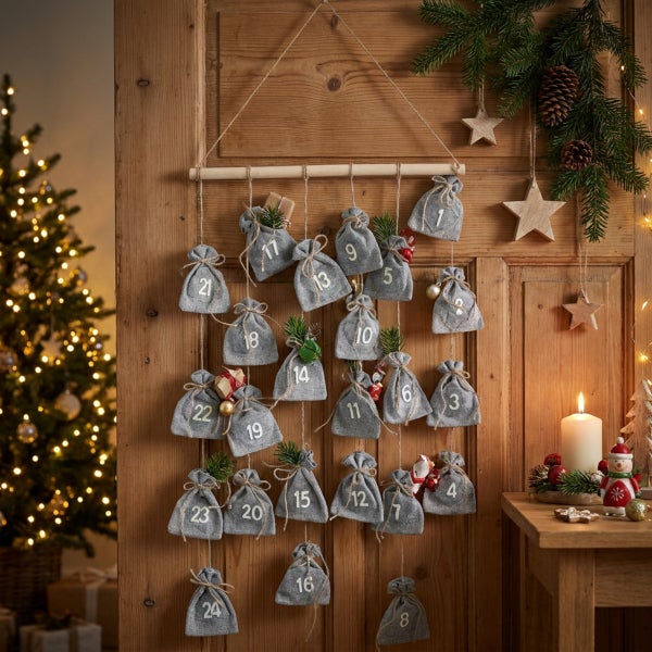 Adventskalender zum Aufhängen aus Stoffbeuteln an einem Holzstab vor einer Holztür in weihnachtlich geschmücktem Raum mit Tannenbaum und Kerze.