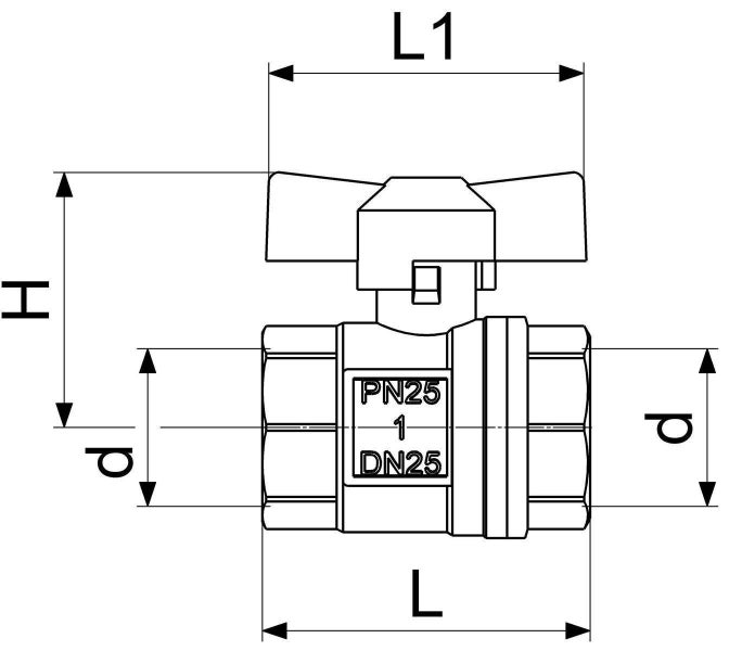 Technische Zeichnung eines Kugelhahns mit Maßangaben H L L1 und d sowie Kennzeichnung PN25 und DN25.