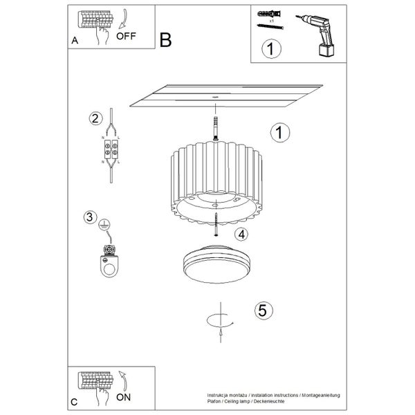 Montageanleitung für eine Deckenleuchte mit Schritten zur Befestigung, zum elektrischen Anschluss und zu Sicherheitshinweisen.