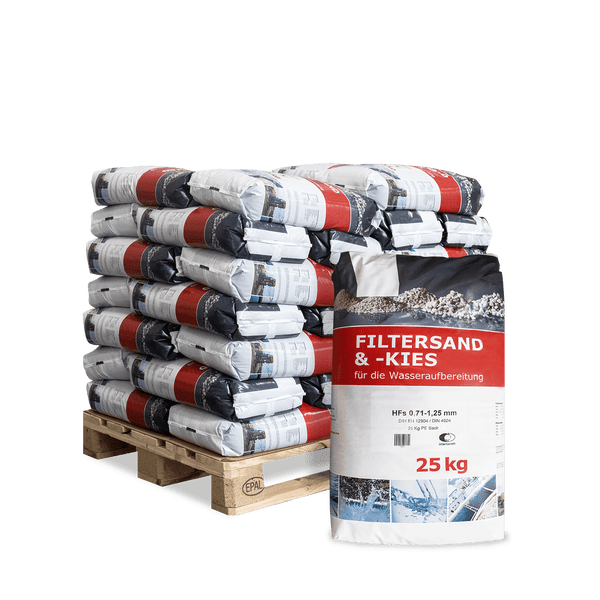 Palette mit 25 Kilogramm Säcken Filtersand und Filterkies für die Wasseraufbereitung, Körnung 0,71 bis 1,25 Millimeter.