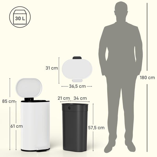 Maßzeichnung eines Abfalleimers mit 30 Liter Volumen und Größenvergleich zu einer Person.