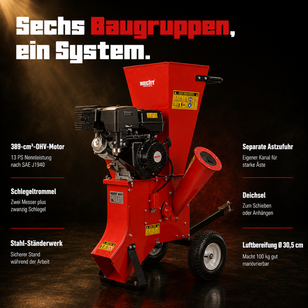 Benzin-Häcksler Hecht 6421 mit 13 PS Motor, Schlegeltrommel, separater Astzufuhr, Luftbereifung und Deichsel auf Stahlständerwerk.