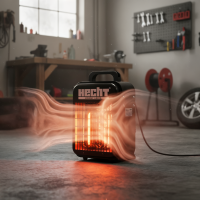 Werkstattszene mit Heizlüfter von Hecht in Betrieb