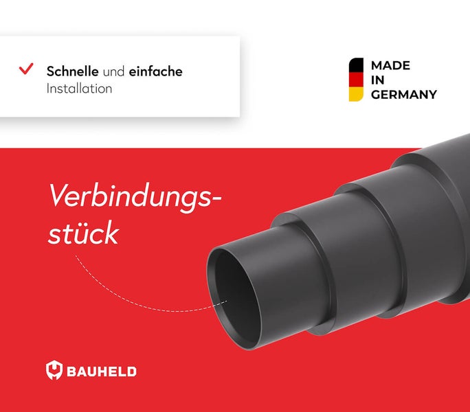 Bauheld Verbindungsstück mit dem Hinweis Schnelle und einfache Installation und Hergestellt in Deutschland.