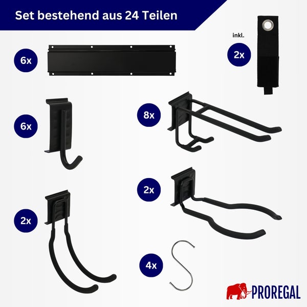 Wandhalterungsset bestehend aus 24 Teilen inklusive Schienen Haken und Schlaufen von Proregal zur Werkzeugorganisation.