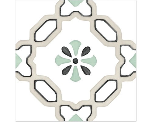 Quadratische Dekorfliese mit geometrischem Muster und zentralem Blumenornament.