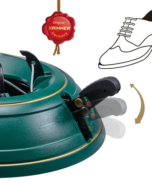 Krinner Logo auf einem grünen Christbaumständer mit Bedienungshebel