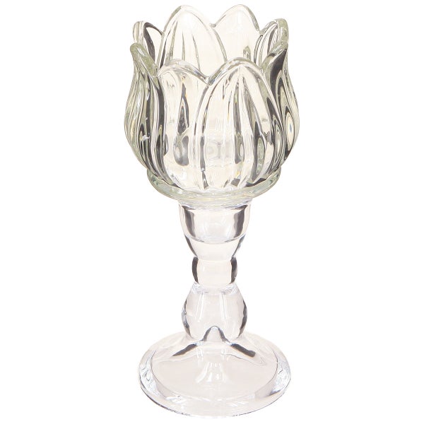 Teelichthalter aus transparentem Glas in Tulpenform mit Stiel und rundem Fuß.